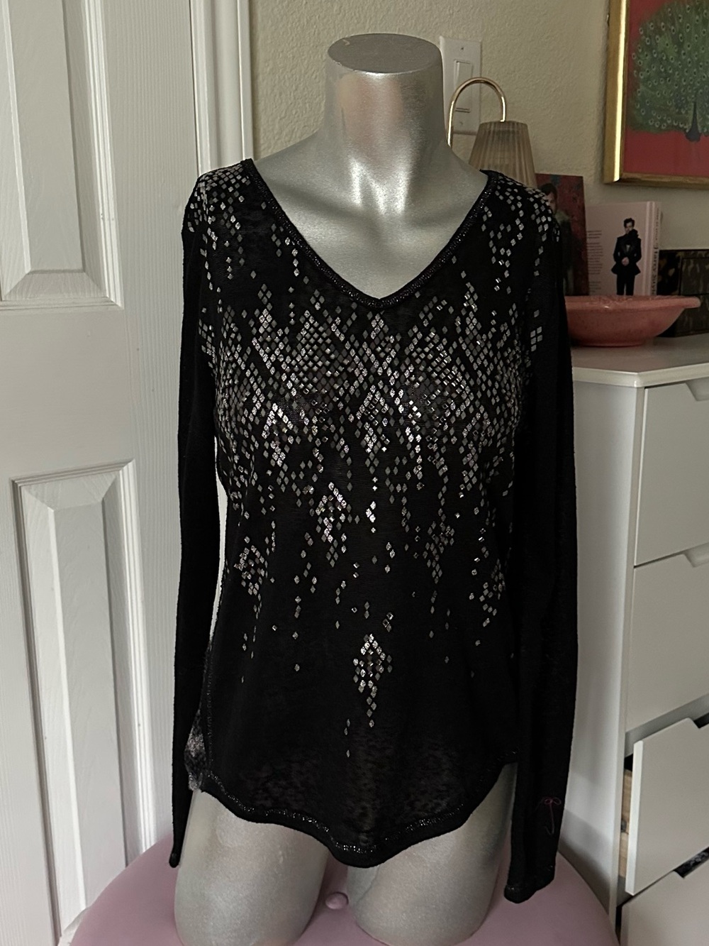 Miss Me Black & Silver Grunge Rhinestone Embellished Long Sleeve Top - Picture 1 of 6